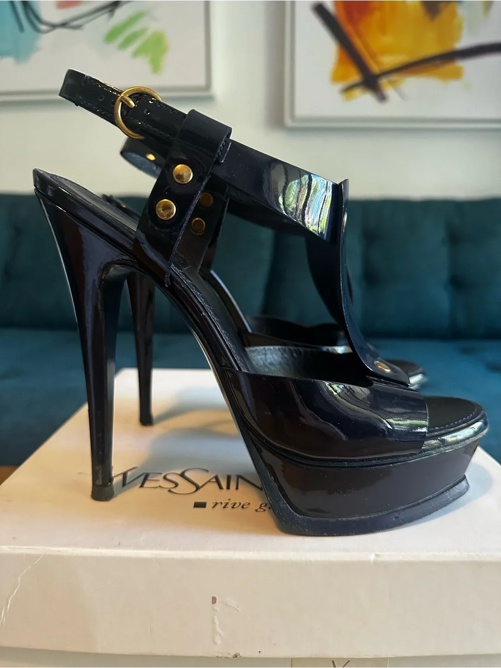 Authentic YSL Saint Laurent Women's Navy Blue Patent Platform Sandals